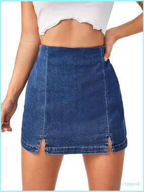 High Rise Denim Skorts with Split Hem, Stretchy Fit